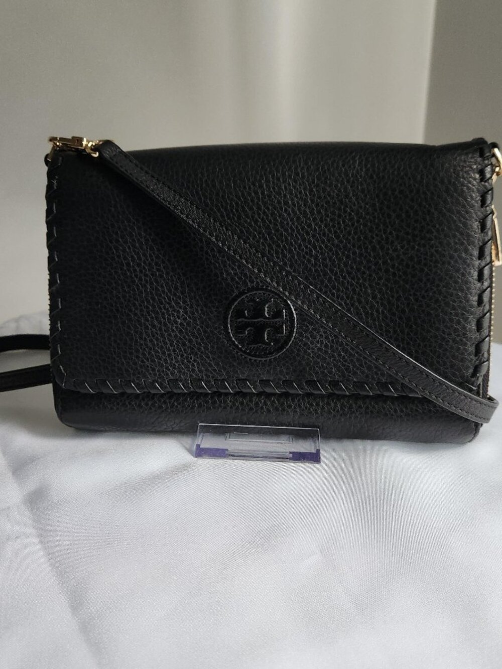 Tory Burch Black Pebbled Leather Whipstitch Crossbody EUC